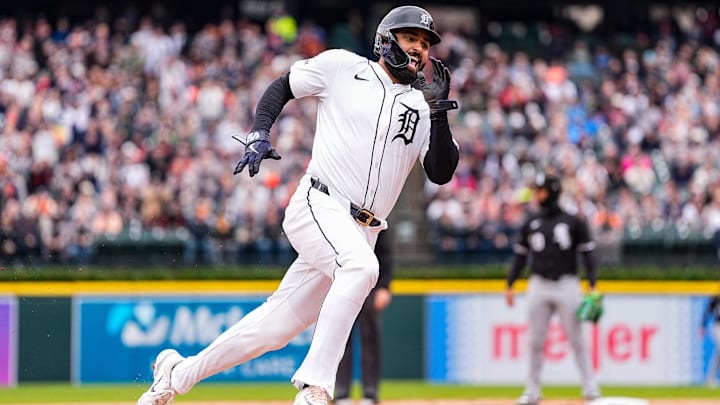Detroit Tigers left fielder Riley Greene (31) runs past third base against Chicago White Sox during the first inning at Comerica Park in Detroit on Saturday, April 5, 2025.
