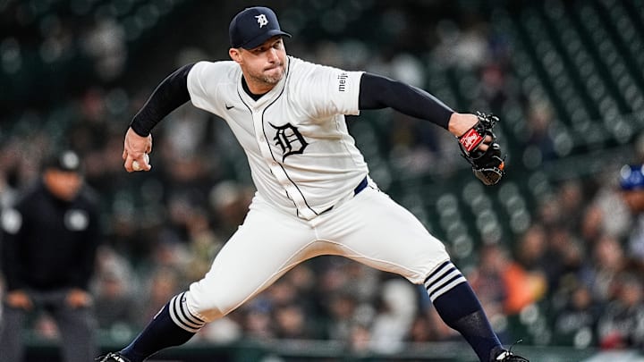 Detroit Tigers pitcher Tommy Kahnle (43) throws against Kansas City Royals during the eighth inning at Comerica Park in Detroit on Thursday, April 17, 2025. Detroit Tigers pitcher Tommy Kahnle (43) throws against Kansas City Royals during the eighth inning at Comerica Park in Detroit on Thursday, April 17, 2025.
