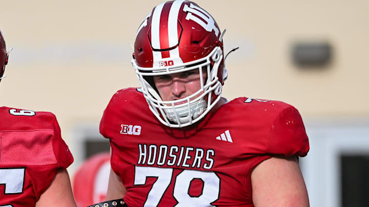 Indiana football senior center Pat Coogan during spring practice Thursday, April 3, 2025, at Memorial Stadium in Bloomington.