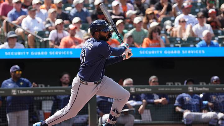 Aug 23, 2026; Baltimore, Maryland, USA; Tampa Bay Rays third baseman Junior Caminero (13) hits an RBI single against the Baltimore Orioles during the sixth inning at Oriole Park at Camden Yards. Mandatory Credit: Gregory Fisher-Imagn Images Aug 23, 2026; Baltimore, Maryland, USA; Tampa Bay Rays third baseman Junior Caminero (13) hits an RBI single against the Baltimore Orioles during the sixth inning at Oriole Park at Camden Yards. Mandatory Credit: Gregory Fisher-Imagn Images