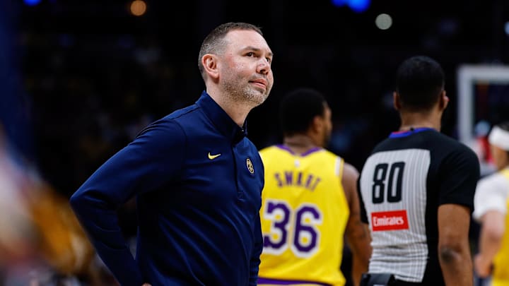Jan 20, 2026; Denver, Colorado, USA; Denver Nuggets head coach David Adelman looks on in the third quarter against the Los Angeles Lakers at Ball Arena. Mandatory Credit: Isaiah J. Downing-Imagn Images