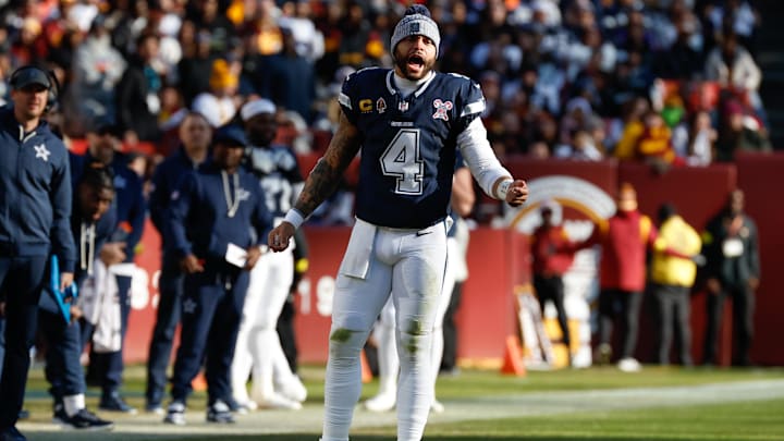 Dec 25, 2025; Landover, Maryland, USA; Dallas Cowboys quarterback Dak Prescott (4) reacts after a play against the Washington Commanders in the second quarter at Northwest Stadium. Mandatory Credit: Amber Searls-Imagn Images Dec 25, 2025; Landover, Maryland, USA; Dallas Cowboys quarterback Dak Prescott (4) reacts after a play against the Washington Commanders in the second quarter at Northwest Stadium. Mandatory Credit: Amber Searls-Imagn Images