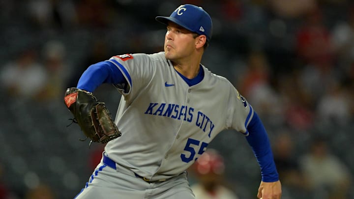 Sep 23, 2025; Anaheim, California, USA;  Kansas City Royals starting pitcher Cole Ragans (55) delivers during the first inning against the Los Angeles Angels at Angel Stadium. Mandatory Credit: Jayne Kamin-Oncea-Imagn Images