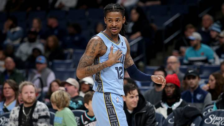 Memphis Grizzlies guard Ja Morant (12) reacts during the first quarter against the Atlanta Hawks at FedExForum. Mandatory Credit: Petre Thomas-Imagn Images Memphis Grizzlies guard Ja Morant (12) reacts during the first quarter against the Atlanta Hawks at FedExForum. Mandatory Credit: Petre Thomas-Imagn Images