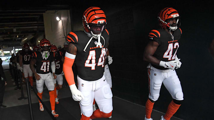 Aug 7, 2025; Philadelphia, Pennsylvania, USA; Cincinnati Bengals linebacker Demetrius Knight Jr. (44) and linebacker Oren Burks (42) in the tunnel against the Philadelphia Eagles at Lincoln Financial Field. Mandatory Credit: Eric Hartline-Imagn Images