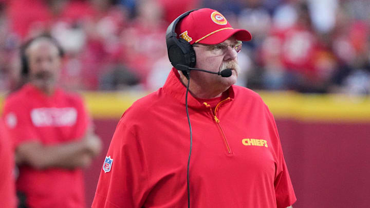 Aug 22, 2024; Kansas City, Missouri, USA; Kansas City Chiefs head coach Andy Reid watches play against the Chicago Bears during the game at GEHA Field at Arrowhead Stadium. Mandatory Credit: Denny Medley-Imagn Images