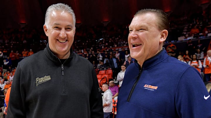 Mar 5, 2024; Champaign, Illinois, USA; Purdue Boilermakers head coach Matt Painter and Illinois Fighting Illini head coach Brad Underwood chat before the start of the game at State Farm Center. Mandatory Credit: Ron Johnson-Imagn Images Mar 5, 2024; Champaign, Illinois, USA; Purdue Boilermakers head coach Matt Painter and Illinois Fighting Illini head coach Brad Underwood chat before the start of the game at State Farm Center. Mandatory Credit: Ron Johnson-Imagn Images