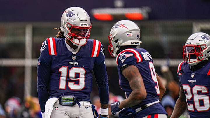 Jan 5, 2025; Foxborough, Massachusetts, USA; New England Patriots quarterback Joe Milton III (19) reacts after his touchdown pass against the Buffalo Bills in the first half at Gillette Stadium.  
