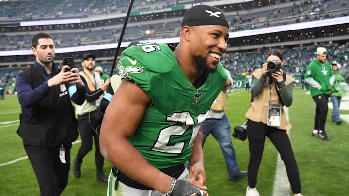 Philadelphia Eagles running back Saquon Barkley runs off the field after win against the Dallas Cowboys.