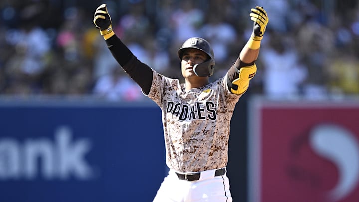 San Diego Padres first baseman Donovan Solano celebrates after a hit against the Chicago White Sox on Sept. 22 at Petco Park.