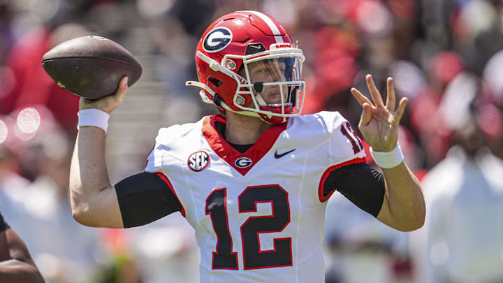 Apr 12, 2025; Athens, GA, USA; Georgia Bulldogs quarterback Ryan Puglisi (12) passes during the Georgia Spring game at Sanford Stadium. Mandatory Credit: Dale Zanine-Imagn Images