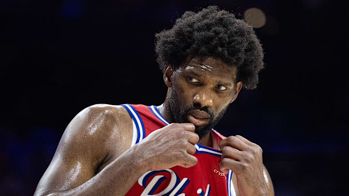 Apr 28, 2024; Philadelphia, Pennsylvania, USA; Philadelphia 76ers center Joel Embiid (21) looks on during a break in action in the second half against the New York Knicks in game four of the first round in the 2024 NBA playoffs at Wells Fargo Center. Mandatory Credit: Bill Streicher-Imagn Images Apr 28, 2024; Philadelphia, Pennsylvania, USA; Philadelphia 76ers center Joel Embiid (21) looks on during a break in action in the second half against the New York Knicks in game four of the first round in the 2024 NBA playoffs at Wells Fargo Center. Mandatory Credit: Bill Streicher-Imagn Images