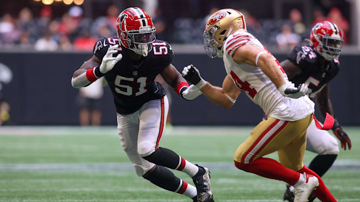 Oct 16, 2022; Atlanta, Georgia, USA; Atlanta Falcons linebacker DeAngelo Malone (51) defends San Francisco 49ers fullback Kyle Juszczyk (44) in the second half at Mercedes-Benz Stadium.