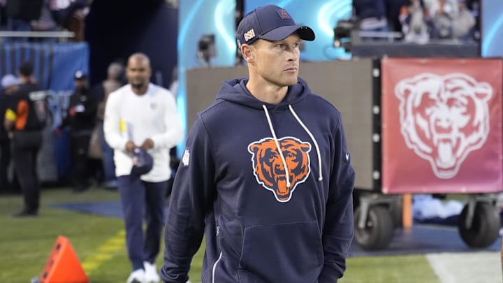 Sep 8, 2025; Chicago, Illinois, USA; Chicago Bears head coach Ben Johnson before the game against the Minnesota Vikings at Soldier Field. Mandatory Credit: David Banks-Imagn Images