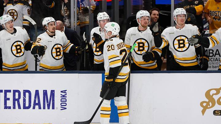 Apr 12, 2026; Columbus, Ohio, USA; Boston Bruins defenseman Henri Jokiharju (20) celebrates his goal against the Columbus Blue Jackets during the second period at Nationwide Arena. Mandatory Credit: Russell LaBounty-Imagn Images