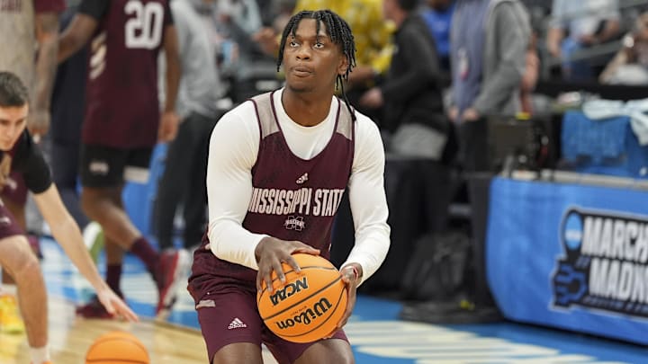Mar 20, 2024; Charlotte, NC, USA; Mississippi State Bulldogs guard Trey Fort (11) during practices at Spectrum Center. Mandatory Credit: Jim Dedmon-Imagn Images