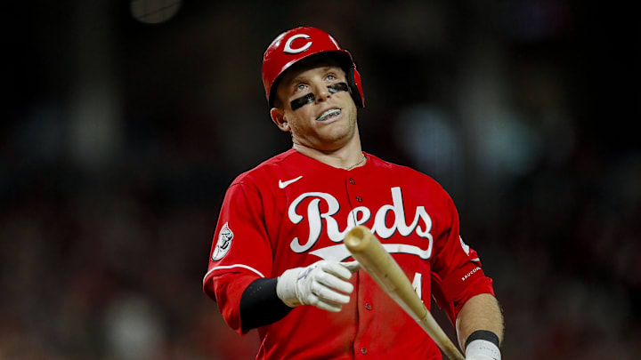 Sep 9, 2023; Cincinnati, Ohio, USA; Cincinnati Reds center fielder Harrison Bader (4) reacts after a strike called in the fifth inning in the game against the St. Louis Cardinals at Great American Ball Park. Mandatory Credit: Katie Stratman-Imagn Images