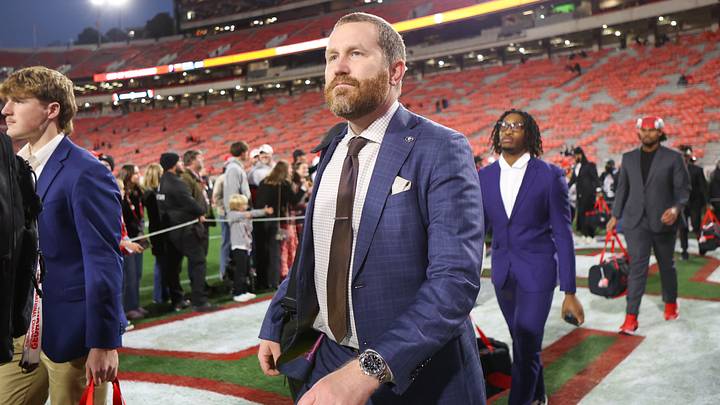Nov 29, 2024; Athens, Georgia, USA; Georgia Bulldogs defensive coordinator Glenn Schumann walks into Sanford Stadium before a game against the Georgia Tech Yellow Jackets. Mandatory Credit: Brett Davis-Imagn Images