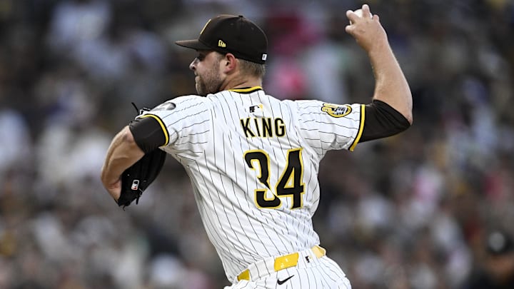 Oct 8, 2024; San Diego, California, USA; San Diego Padres pitcher Michael King (34) throws in the first inning during game three of the NLDS for the 2024 MLB Playoffs against the Los Angeles Dodgers at Petco Park.  