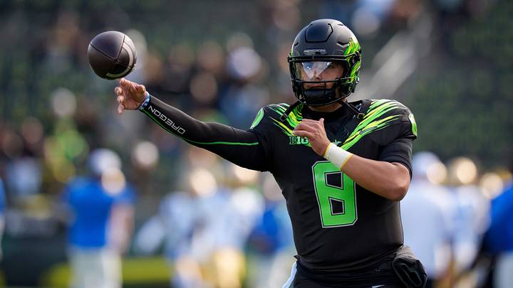 Oregon quarterback Dylan Raiola throws a pass during warmups as the Oregon Ducks host the UCLA Bruins on Oct. 10, 2026, at Autzen Stadium in Eugene, Oregon. Oregon quarterback Dylan Raiola throws a pass during warmups as the Oregon Ducks host the UCLA Bruins on Oct. 10, 2026, at Autzen Stadium in Eugene, Oregon.