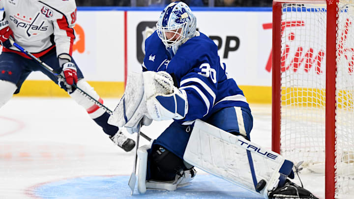 Dec 28, 2024; Toronto, Ontario, CAN; Toronto Maple Leafs goalie Matt Murray (30) makes a save against the Capitals forward in the first period at Scotiabank Arena. Mandatory Credit: Dan Hamilton-Imagn Images Dec 28, 2024; Toronto, Ontario, CAN; Toronto Maple Leafs goalie Matt Murray (30) makes a save against the Capitals forward in the first period at Scotiabank Arena. Mandatory Credit: Dan Hamilton-Imagn Images