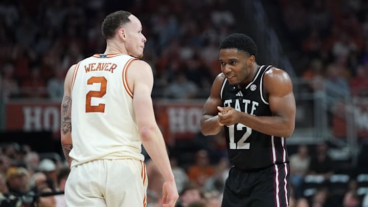 Jan 3, 2026; Austin, Texas, USA; Mississippi State Bulldogs guard Josh Hubbard (12) reacts to a basket as Texas Longhorns guard Chendall Weaver (2) looks on during the second half at Moody Center. Mandatory Credit: Dustin Safranek-Imagn Images Jan 3, 2026; Austin, Texas, USA; Mississippi State Bulldogs guard Josh Hubbard (12) reacts to a basket as Texas Longhorns guard Chendall Weaver (2) looks on during the second half at Moody Center. Mandatory Credit: Dustin Safranek-Imagn Images
