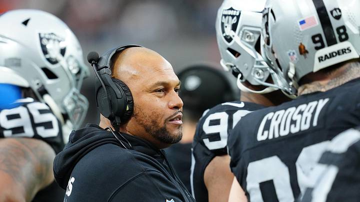 Jan 7, 2024; Paradise, Nevada, USA; Las Vegas Raiders head coach Antonio Pierce is on the sideline Jan 7, 2024; Paradise, Nevada, USA; Las Vegas Raiders head coach Antonio Pierce is on the sideline