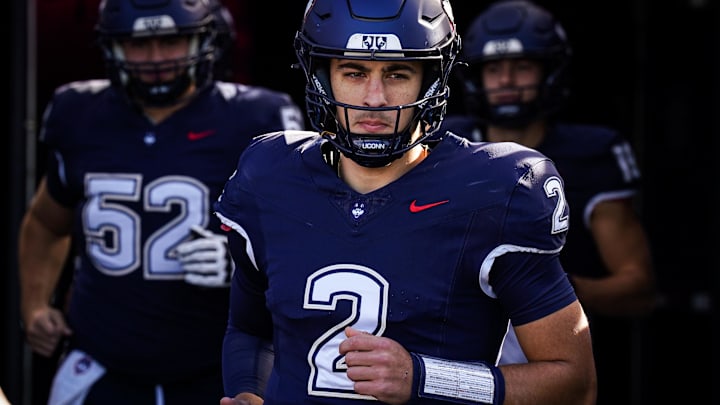 Nov 1, 2025; East Hartford, Connecticut, USA; UConn Huskies quarterback Joe Fagnano (2) runs to the field to warm up before the start of the game against the UAB Blazers at Pratt & Whitney Stadium at Rentschler Field. Mandatory Credit: David Butler II-Imagn Images Nov 1, 2025; East Hartford, Connecticut, USA; UConn Huskies quarterback Joe Fagnano (2) runs to the field to warm up before the start of the game against the UAB Blazers at Pratt & Whitney Stadium at Rentschler Field. Mandatory Credit: David Butler II-Imagn Images