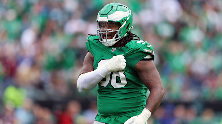 Oct 26, 2025; Philadelphia, Pennsylvania, USA; Philadelphia Eagles defensive tackle Jalen Carter (98) reacts in the third quarter against the New York Giants at Lincoln Financial Field. Mandatory Credit: Bill Streicher-Imagn Images Oct 26, 2025; Philadelphia, Pennsylvania, USA; Philadelphia Eagles defensive tackle Jalen Carter (98) reacts in the third quarter against the New York Giants at Lincoln Financial Field. Mandatory Credit: Bill Streicher-Imagn Images