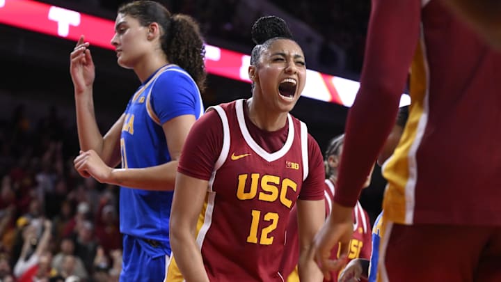JuJu Watkins reacts to one of her many highlights against UCLA.