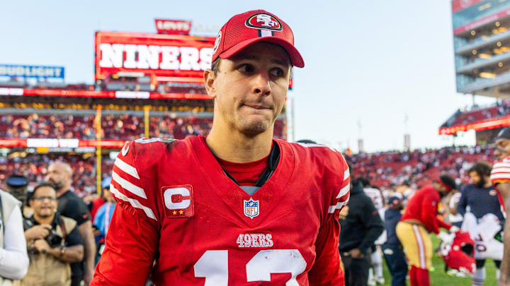 Dec 8, 2024; Santa Clara, California, USA; San Francisco 49ers quarterback Brock Purdy (13) looks on after the game against the Chicago Bears at Levi's Stadium. Dec 8, 2024; Santa Clara, California, USA; San Francisco 49ers quarterback Brock Purdy (13) looks on after the game against the Chicago Bears at Levi's Stadium.