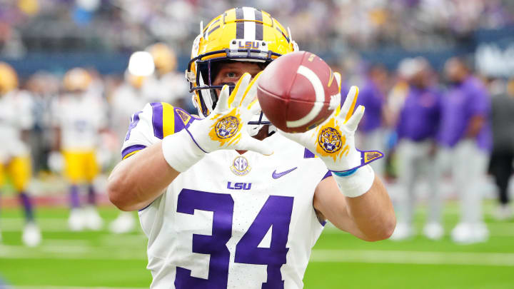 Sep 1, 2024; Paradise, Nevada, USA; LSU Tigers safety Skip Velotta (34) warms up before a game against the Southern California Trojans at Allegiant Stadium. Mandatory Credit: Stephen R. Sylvanie-USA TODAY Sports