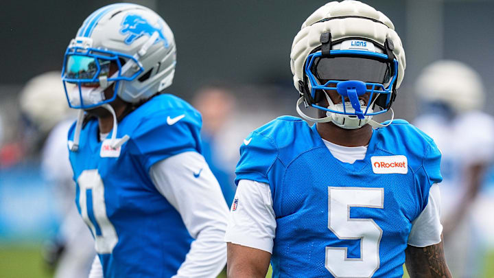 Detroit Lions running back David Montgomery (5) and running back Jahmyr Gibbs (0) practice during training camp at Meijer Performance Center in Allen Park on Saturday, July 26, 2025.