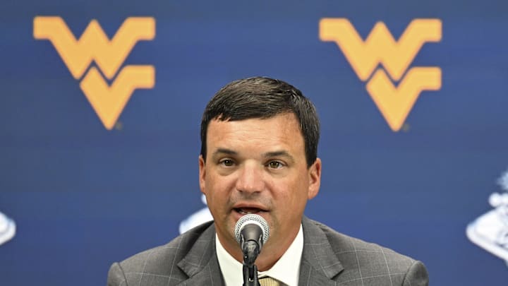 West Virginia head coach Neal Brown speaks to the media during the Big 12 Media Days at Allegiant Stadium. 
