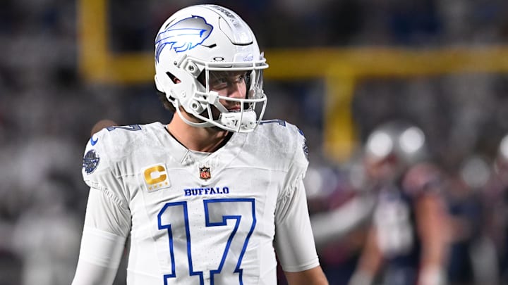 Buffalo Bills quarterback Josh Allen practices before the game at Highmark Stadium. Buffalo Bills quarterback Josh Allen practices before the game at Highmark Stadium.