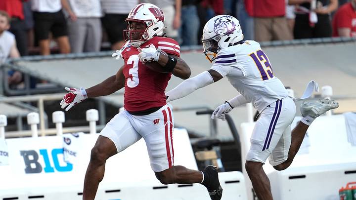 Wisconsin Badgers running back Abu Sama III. Wisconsin Badgers running back Abu Sama III.