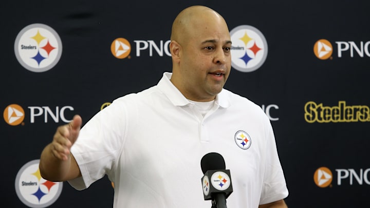 Jul 27, 2023; Latrobe, PA, USA;  Pittsburgh Steelers general manager Omar Khan addresses the media prior to the start of training camp at Saint Vincent College. Mandatory Credit: Charles LeClaire-Imagn Images