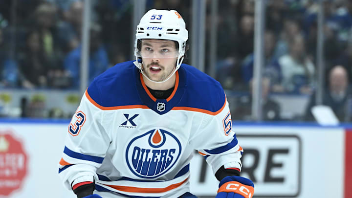 Oct 26, 2025; Vancouver, British Columbia, CAN; Edmonton Oilers left wing Isaac Howard (53) reacts to the play against the Vancouver Canucks during the third period at Rogers Arena. Mandatory Credit: Simon Fearn-Imagn Images