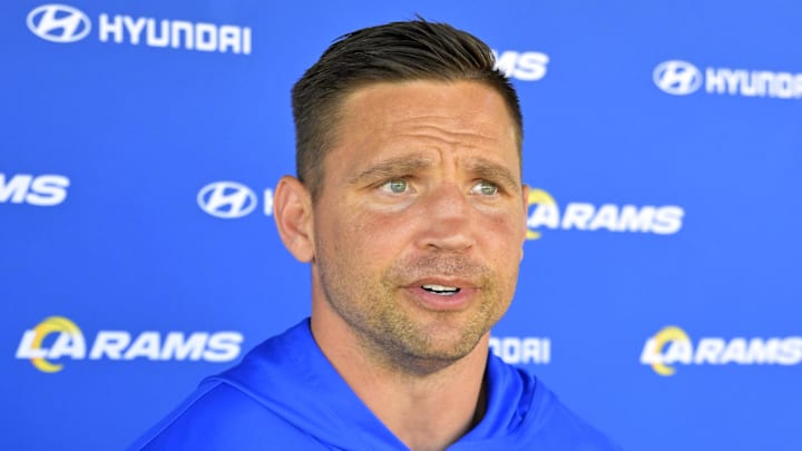 May 28, 2024; Thousand Oaks, CA, USA; Los Angeles Rams defensive coordinator Chris Shula speaks to the media following OTAs at the team training facility at California Lutheran University. Mandatory Credit: Jayne Kamin-Oncea-Imagn Images
