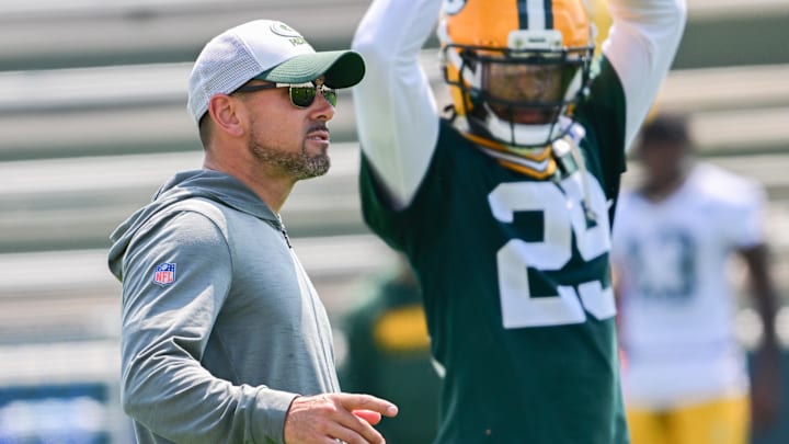 Jun 11, 2025; Green Bay, WI, USA;  Green Bay Packers head coach Matt LaFleur participates in the team's minicamp at Ray Nitschke Field. Mandatory Credit: Benny Sieu-Imagn Images