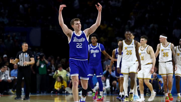 Drake Bulldogs guard Mascari celebrates in the second half of a first round men’s NCAA Tournament game against the Missouri Tigers at Intrust Bank Arena. 