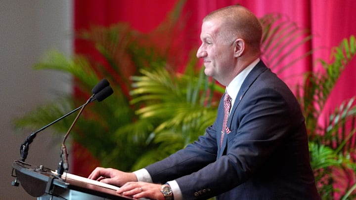 Oklahoma Director of Athletics Roger Denny speaks during his introductory ceremony on Wednesday.