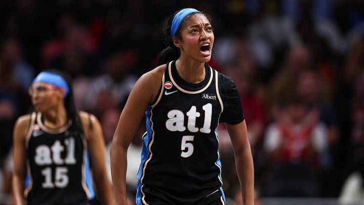 Aug 16, 2026; Atlanta, Georgia, USA; Atlanta Dream forward Angel Reese (5) reacts against the Indiana Fever during the third quarter at State Farm Arena. Mandatory Credit: Colin Hubbard-Imagn Images