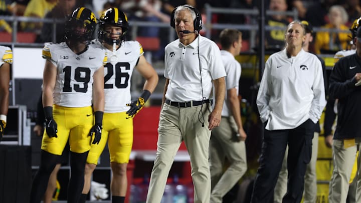 Sep 19, 2025; Piscataway, New Jersey, USA; Iowa Hawkeyes head coach Kirk Ferentz looks on during the first half against the Rutgers Scarlet Knights at SHI Stadium. Mandatory Credit: Vincent Carchietta-Imagn Images