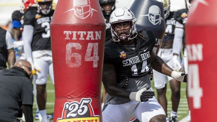 Jan 29, 2025; Mobile, AL, USA; American team defensive lineman Shemar Stewart of Texas A&M (14) works in drills during Senior Bowl practice for the National team at Hancock Whitney Stadium. Mandatory Credit: Vasha Hunt-Imagn Images