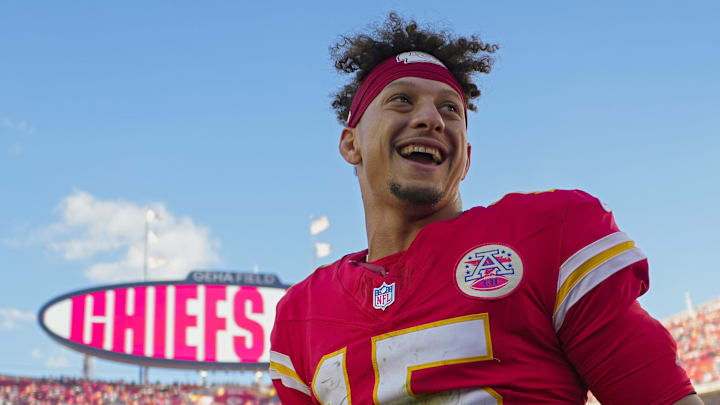 Nov 10, 2024; Kansas City, Missouri, USA; Kansas City Chiefs quarterback Patrick Mahomes (15) celebrates after defeating the Denver Broncos at GEHA Field at Arrowhead Stadium. Mandatory Credit: Jay Biggerstaff-Imagn Images
