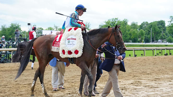 Jun 8, 2024; Saratoga Springs, NY, USA; Book’em Danno with Irad Ortiz Jr. up (1) is lead to winner’s circle after winning race 8, the Woody Stephens S. Presented By Mohegan Sun at Saratoga Race Course. Jun 8, 2024; Saratoga Springs, NY, USA; Book’em Danno with Irad Ortiz Jr. up (1) is lead to winner’s circle after winning race 8, the Woody Stephens S. Presented By Mohegan Sun at Saratoga Race Course.