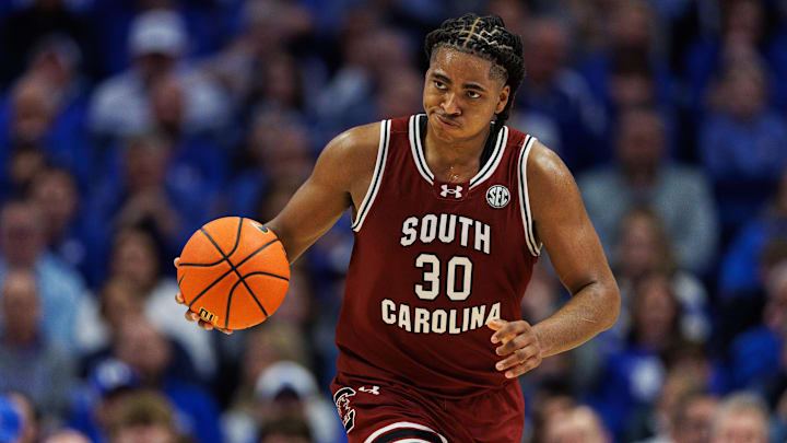 Feb 8, 2025; Lexington, Kentucky, USA; South Carolina Gamecocks forward Collin Murray-Boyles (30) brings the ball up court during the first half against the Kentucky Wildcats at Rupp Arena at Central Bank Center. Mandatory Credit: Jordan Prather-Imagn Images