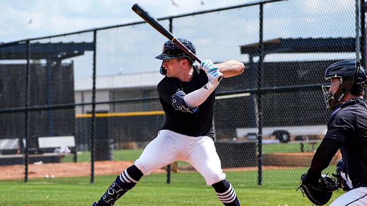 Detroit Tigers infielder Kevin McGonigle bats at live batting practice during spring training 