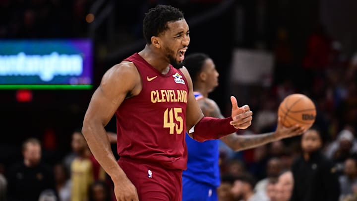 Apr 2, 2025; Cleveland, Ohio, USA; Cleveland Cavaliers guard Donovan Mitchell (45) reacts after a basket during the second half against the New York Knicks at Rocket Arena. Mandatory Credit: Ken Blaze-Imagn Images Apr 2, 2025; Cleveland, Ohio, USA; Cleveland Cavaliers guard Donovan Mitchell (45) reacts after a basket during the second half against the New York Knicks at Rocket Arena. Mandatory Credit: Ken Blaze-Imagn Images